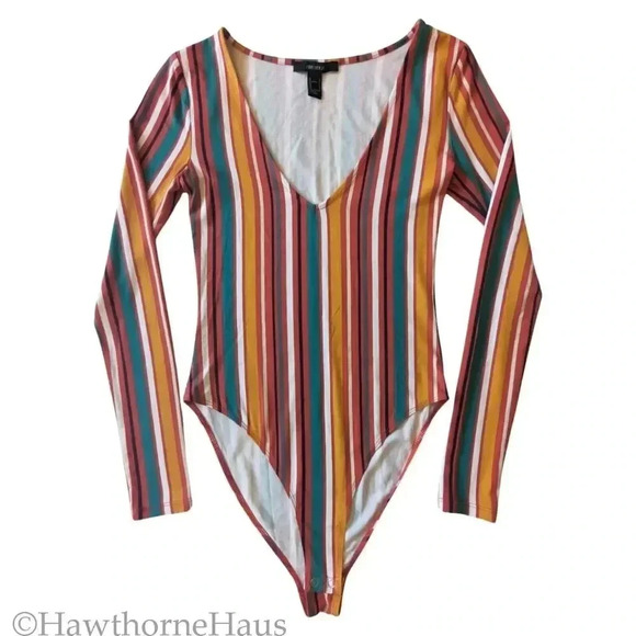 FOREVER 21 V Neck Striped Bodysuit Size S Long Sleeve Snap Bottom Stretch - Picture 1 of 8